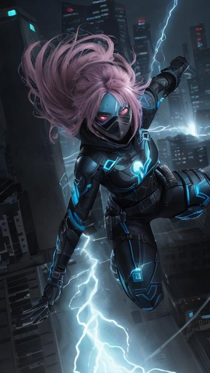 Prompt: A Caucasian female superhero wreathed in blue lightning with a black, grey and cyan tactical suit with a dark mask and black hood jumping off the top of an urban roof. She has tied back pink hair and glowing red eyes. She is surrounded by cyan electrical energy and has cyan light coming from her hands. behance HD