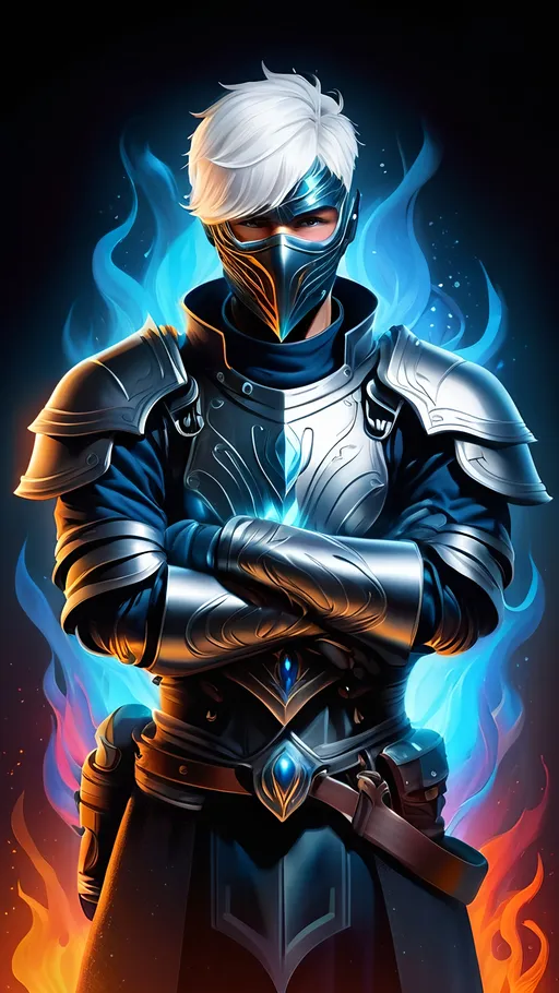 Prompt: A lanky male Artificer with short White hair and a missing arm wearing a dark fantasy themed silver steel armor with a Metallic-full-face-mask covering his scarred face. He holds two long intricate sidearms and is surrounded by vibrant liquid fire. Vector Style, color enhance