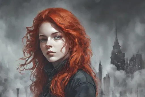 Prompt: a beautiful Caucasian woman with long curly red hair in baggy black clothes crouching on the top of a roof overlooking a sprawling dystopian fantasy city. The sky is dark and ash and smoke. Behance hd,