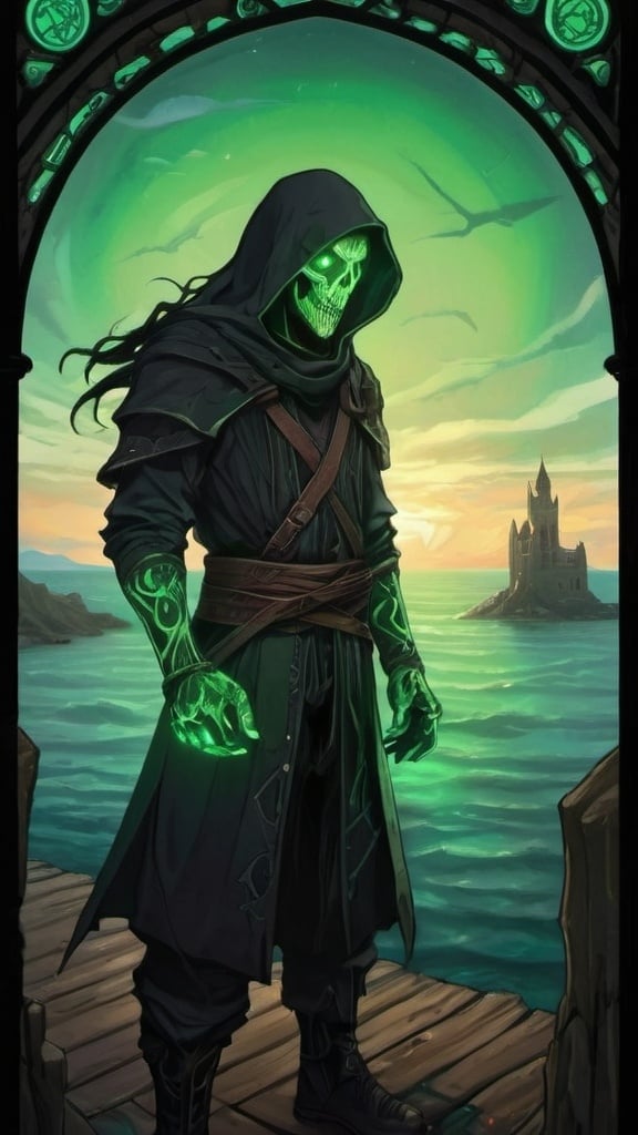 Prompt: A cryptic and majestic corpse reanimated with glowing green arcane runes and channels running across their decayed skin. He is wearing baggy black clothes and a green bandanna. He is standing on a pier overlooking a vast sea with a ruined castle in the distance. Vector style, color enhance