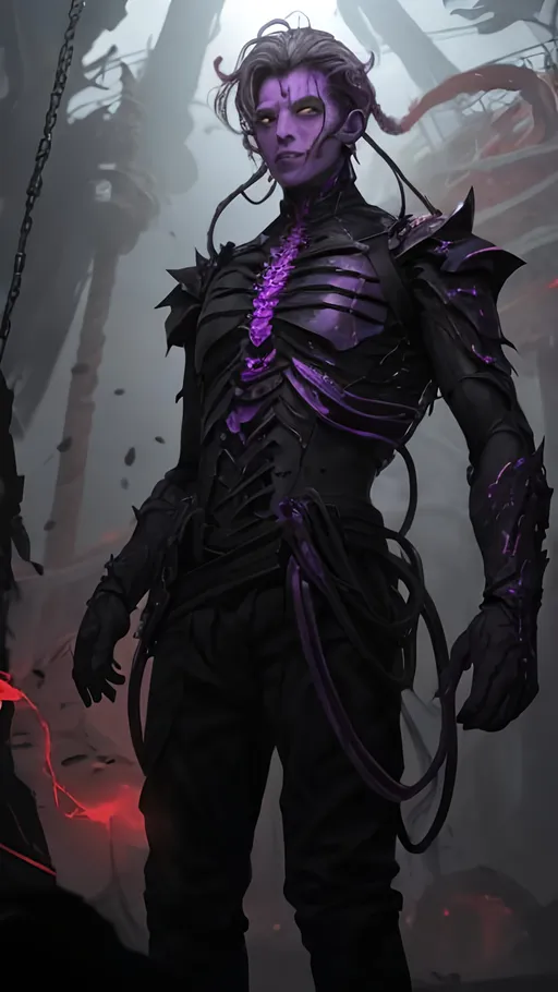 Prompt: A clump of swirling purple biomass and grey bone tendrils in a generally male humanoid shape, transforming, shifting and churning into a normal male human. He is radiating thick black smoke with red light shining out of the cracks. He is standing at the stern of a ship on the open sea.