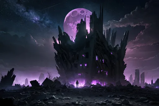 Prompt: A dark Post-apocalyptic landscape covered in jagged rocks, broken buildings, wreckages and dead trees cast under a shattered and broken purple moon and a sky filled with countless stars. behance HD
