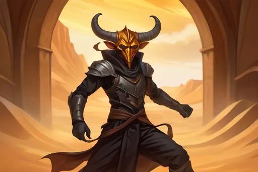 Prompt: A beige lanky male Tiefling with sturdy horns and a sturdy build wearing black baggy clothes and a mask in a low stance magically kicking up a sandstorm with vibrant golden light shining through the sand. Vector Style, Color enhance, Fantasy Style