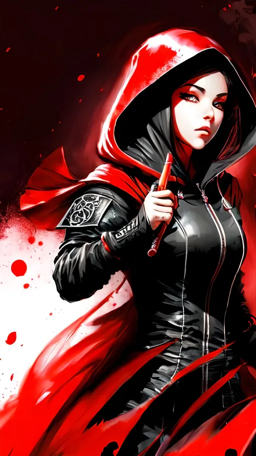 Prompt: A young female vampire falling through the air with flying knives wearing a dark fantasy themed tactical suit with a hood and a translucent veil covering her face. She holds two long intricate knives and is surrounded by vibrant liquid crimson energy swirling through the air.