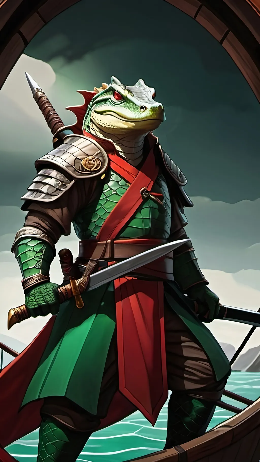 Prompt: A green lizardfolk alligator samurai with glowing amber eyes, pale scales, large red fins, baggy brown clothes and a long sheathed katana. He is standing on the edge of a medieval sailing ship. dungeons and dragons, high contrast, color enhance, greyscale