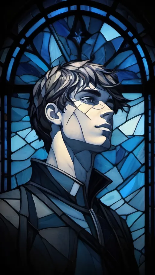 Prompt: A grey and black silhouette in a shattered stained glass window with highlights of blue in the form of a young male that used to be there. nothing but empty space is left behind. Fantasy style, Vector Style, color enhance