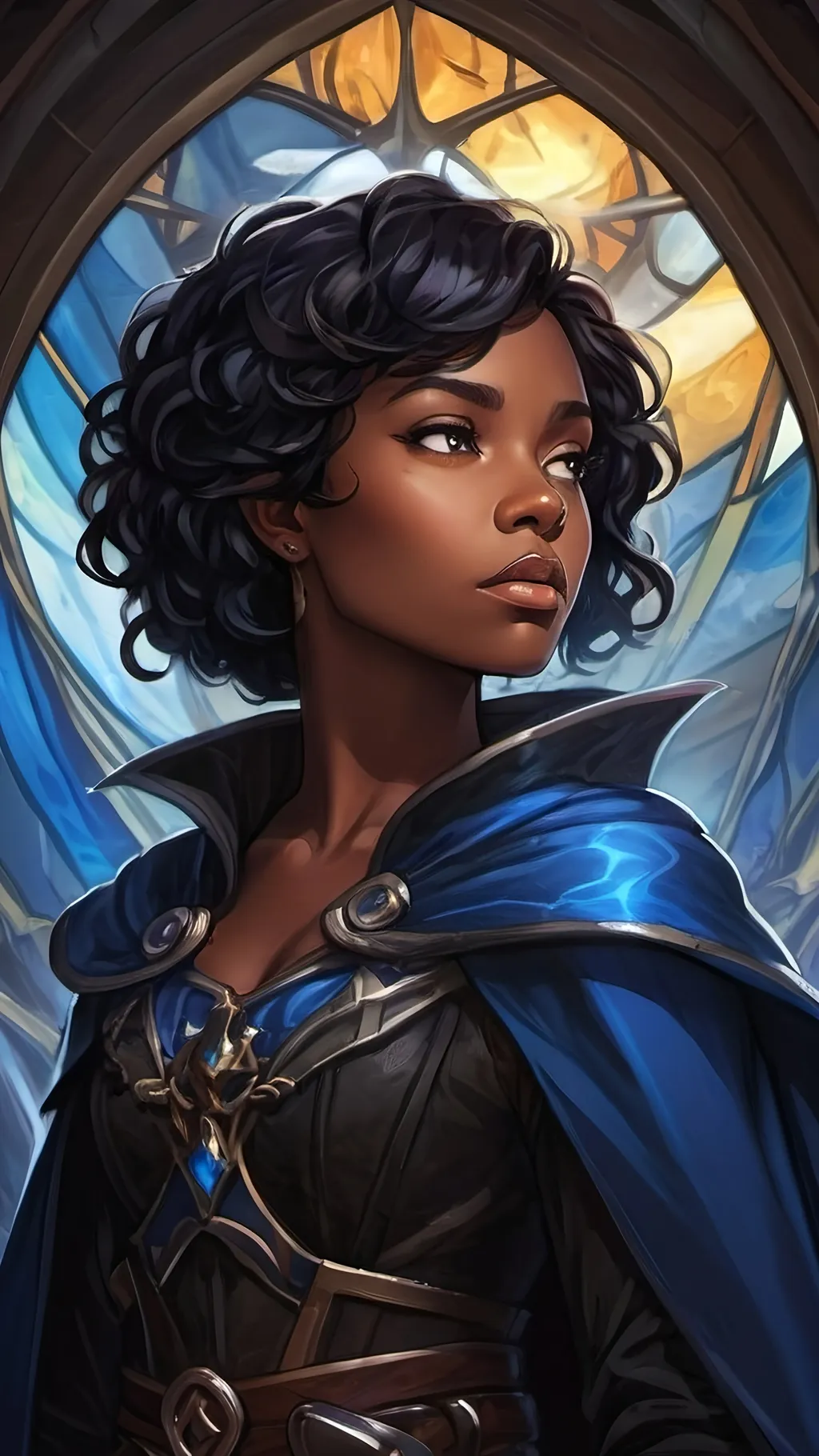 Prompt: A young darkskinned storm sorceress with short black hair wearing an oversized black cloak that billows in the wind and baggy pirate clothes. She wields a long slender glowing blue sword wreathed in floating lightning and liquid blue energy. she stands proudly on the mast of a medieval sailing ship. dungeons and dragons style ,high contrast, color enhance