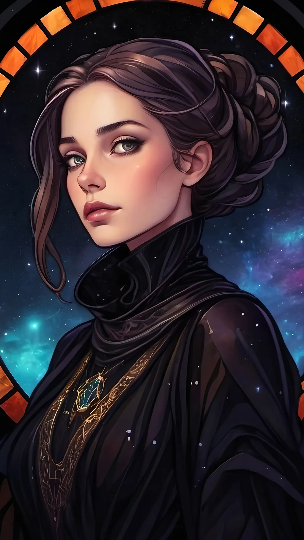 Prompt: A futuristic lanky elegant female seer Floating aimlessly in the dark depths of space. She is wearing an intricate organic baggy black dress with a black cowl. There are plentiful stars and galaxies in the blackened night. Color enhance, High contrast, vector style, enhance reflections