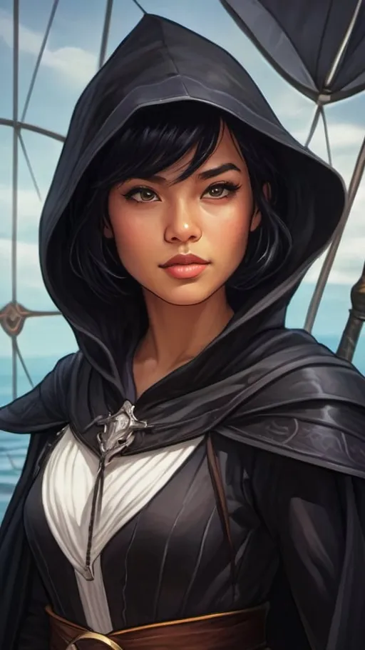 Prompt: A young Filipino storm sorceress with short black hair wearing a black cloak that billows in the wind with an oversized hood and baggy pirate clothes. She wields a long slender glowing white katana wreathed in floating lightning and liquid white energy. she stands proudly on the mast of a medieval sailing ship. dungeons and dragons style ,high contrast, color enhance