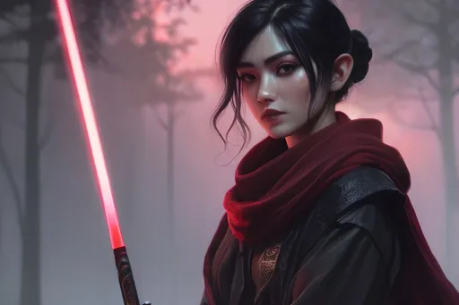 Prompt: A short female elf with messy thick short black hair wearing baggy black clothes with a long maroon scarf. She is drawing a Glowing crimson katana and is surrounded by a thick misty fog with floating vibrant crimson lights piercing through. Vector style, deep colors, rtx enabled