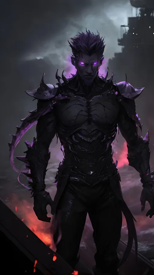 Prompt: A clump of swirling purple biomass and grey bone tendrils in a generally male humanoid shape, transforming, shifting and churning into a normal male human. He is radiating thick black smoke with red light shining out of the cracks. He is standing at the stern of a ship on the open sea.