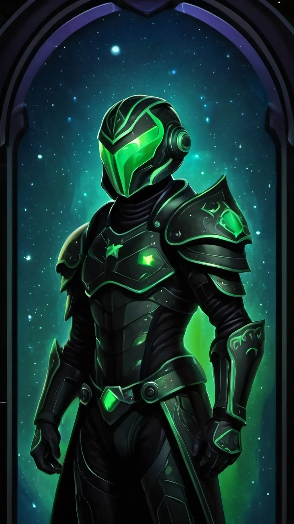 Prompt: A futuristic lanky male warrior in light nanotech black armor with a black helmet which reflect the plentiful stars in the black night sky. He is holding Green gauntlets and is floating distantly in the dark depths of space. Color enhance, High contrast, vector style, enhance reflections