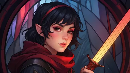 Prompt: A short female elf with messy thick short black hair wearing baggy black clothes with a long maroon scarf. She is drawing a Glowing crimson katana and is surrounded by a thick misty fog with floating vibrant crimson lights piercing through. Vector style, deep colors, rtx enabled
