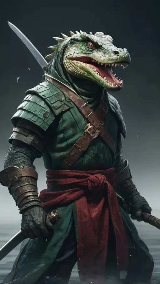 Prompt: A green lizardfolk alligator samurai with glowing amber eyes, pale scales, large red fins, baggy brown clothes and a long silver katana standing on the edge of a medieval sailing ship roaring angrily into the misty wind. dungeons and dragons, high contrast, color enhance, greyscale