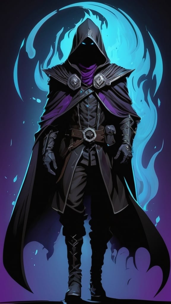 Prompt: A former drow slave turned shadow sorcerer. The young boy has obsidian black skin and marble white hair. He wears a tattered black cloak, leather armor and a hood to cover his face. His power manifests as liquid purple and cyan flames that hover around him. The shadows around him shift and change showing anger despite his emotionless face. Vector Style, Color Enhance, High contrast