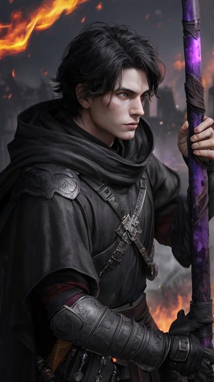 Prompt: A battered and raged Caucasian male with short black hair, a black cloak with leather armor, baggy pants and a spear surrounded with floating purple fire. He has an emotionless face. He is leaning on his spear in the middle of a burning village as ash and glowing crimson sparks fall gently from the grey sky. behance HD,