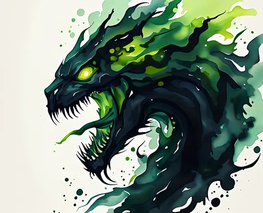 Prompt: a silhouette of a gaping eyeless maw made up of layered vibrant black and green energy forming the voracious gaping mouth of a hungry fathomless shadow with thin sharp jet-black teeth and no eyes. dark Fantasy style, color enhance