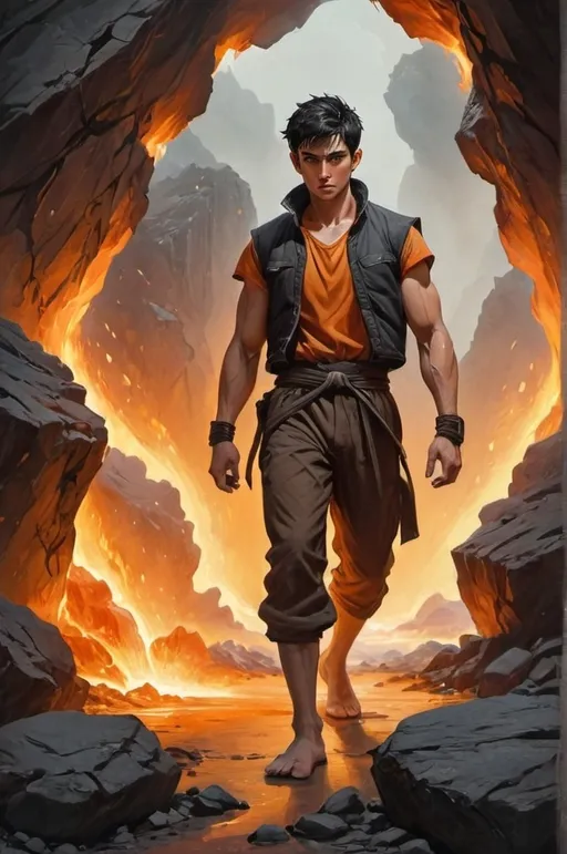 Prompt: A lean male martial-artist with short black hair and heavy burn scars on his hands and forearms. In the middle of the night, he is lit only by the orange light of nearby lava channels. He is wearing a vest and baggy brown pants. He is standing barefoot in the middle of a rocky field with chunks of rock and magma floating in the air around him. watercolor style, painted, dark fantasy