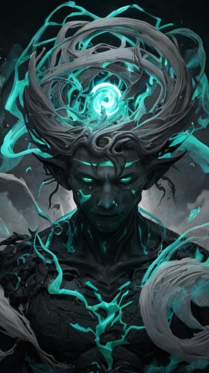 Prompt: A clump of swirling teal biomass and grey bone tendrils in a generally male humanoid shape, transforming, shifting and churning into a normal male human. He is radiating thick black smoke with green light shining out of the cracks.