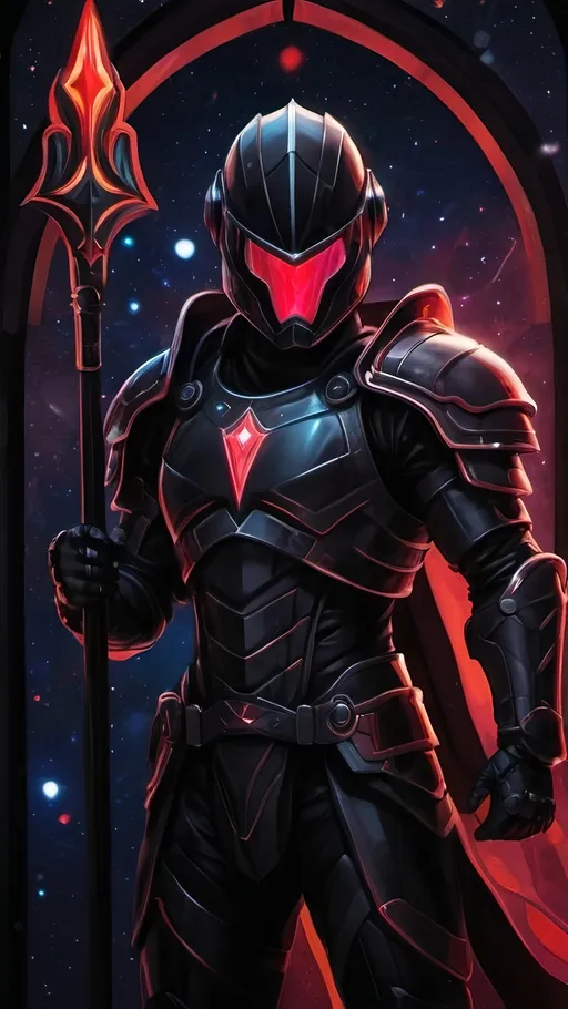 Prompt: A futuristic male warrior in light nanotech black armor with a black helmet which reflect the plentiful stars in the black night sky. He is holding a long glowing crimson spear and is floating distantly in the dark depths of space. Color enhance, High contrast, vector style