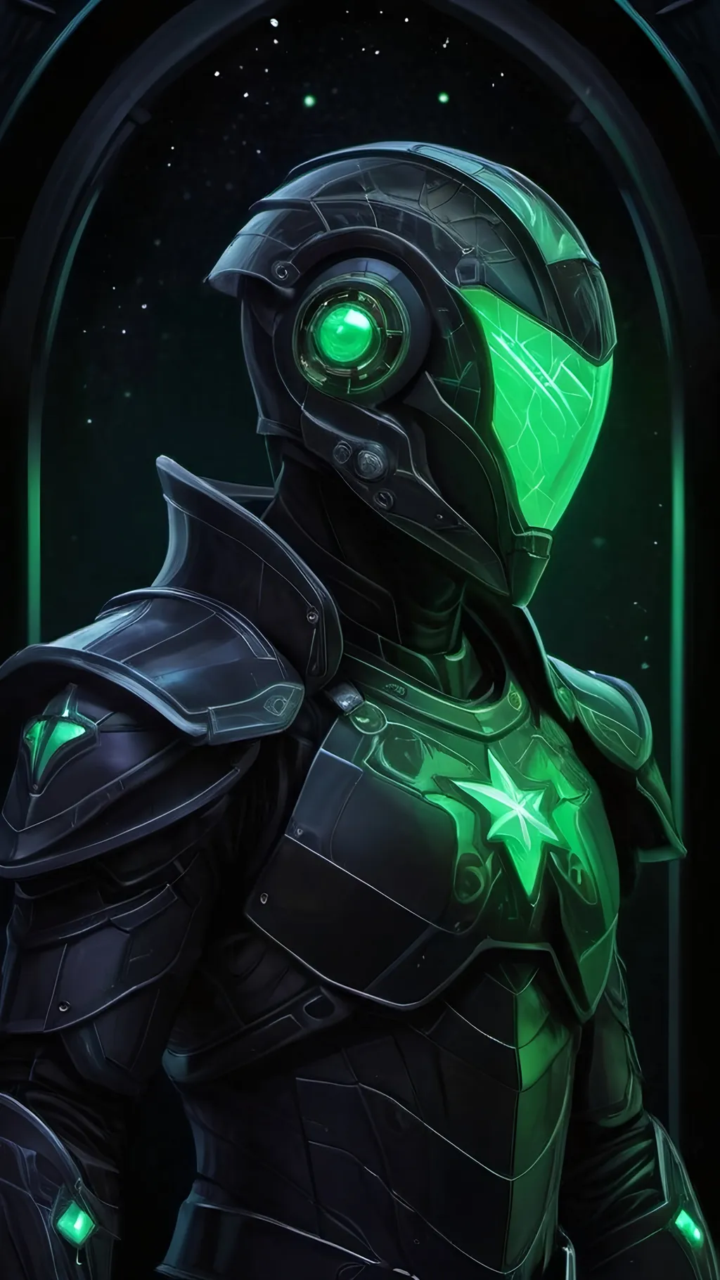 Prompt: A futuristic lanky male warrior in light nanotech black armor with a black helmet which reflect the plentiful stars in the black night sky. He is holding Green gauntlets and is floating distantly in the dark depths of space. Color enhance, High contrast, vector style, enhance reflections