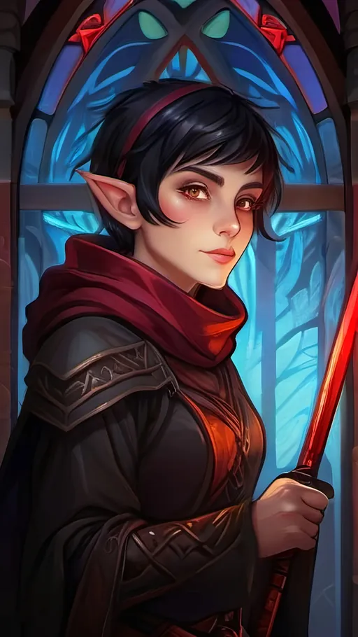 Prompt: A short female elf with short black hair wearing baggy black clothes with a long maroon scarf. She is drawing a Glowing crimson katana and is surrounded by a thick misty fog with floating vibrant crimson lights piercing through. Vector style, deep colors, rtx enabled