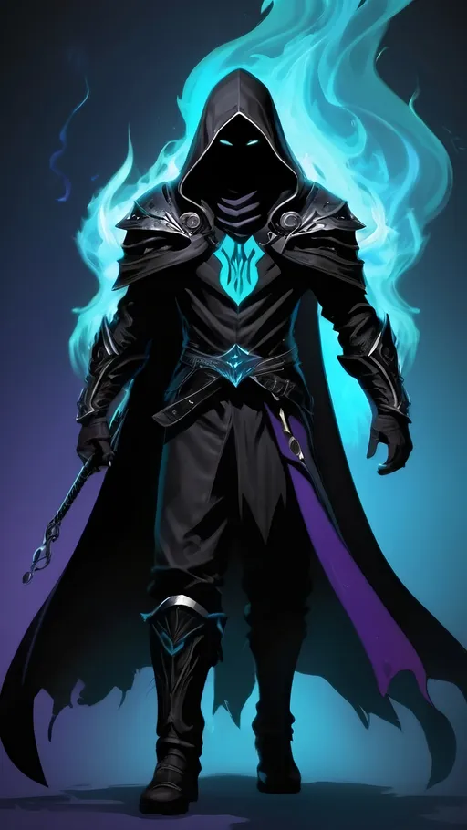 Prompt: A former drow slave turned shadow sorcerer. The young boy has obsidian black skin and marble white hair. He wears a tattered black cloak, leather armor and a hood to cover his face. His power manifests as liquid purple and cyan flames that hover around him. The shadows around him shift and change showing anger despite his emotionless face. Vector Style, Color Enhance, High contrast