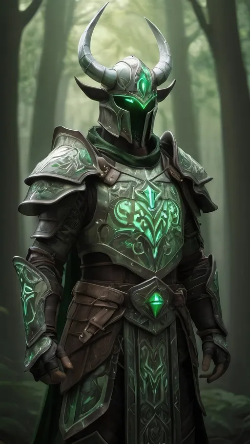 Prompt: A tall male druid paladin wearing intricate silver and green runic armor covered with bone shards with an ambient glowing mist. He has a full face helmet with long organic horns. color enhance, high contrast, fantasy style