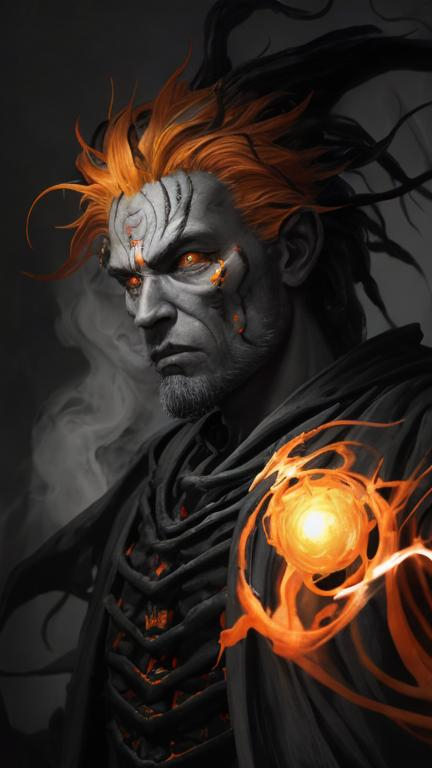 Prompt: A clump of swirling orange biomass and grey bone tendrils in a generally male humanoid shape, transforming, shifting and churning into a normal male human. He is radiating thick black smoke with orange light shining out of the cracks.