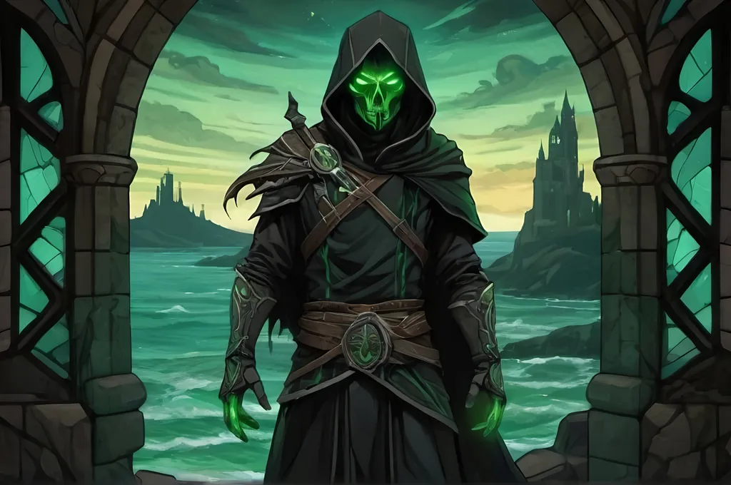 Prompt: A cryptic and majestic corpse reanimated with glowing green arcane runes and channels running across their decayed skin. He is wearing baggy black clothes and a green bandanna. He is standing on a stone outcrop overlooking a vast sea with a ruined castle in the distance. Vector style, color enhance