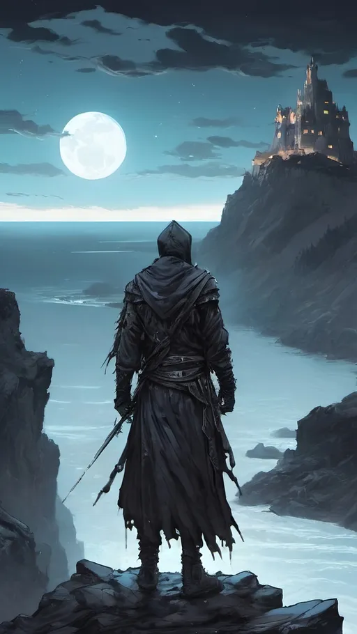 Prompt: A cryptic and majestic corpse reanimated with glowing White arcane runes and channels running across their decayed skin. He is wearing baggy black clothes and a blue bandanna. He is standing on a stone outcrop overlooking a vast sea with a ruined castle in the distance. High contrast, color enhance