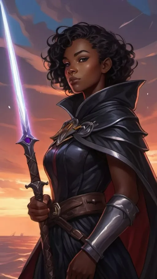 Prompt: A young darkskinned islander storm sorceress with short black hair wearing an oversized black cloak that billows in the wind and baggy pirate clothes. She wields a long slender glowing silver sword wreathed in floating lightning and liquid white energy. she stands proudly on the mast of a medieval sailing ship. dungeons and dragons style ,high contrast, color enhance