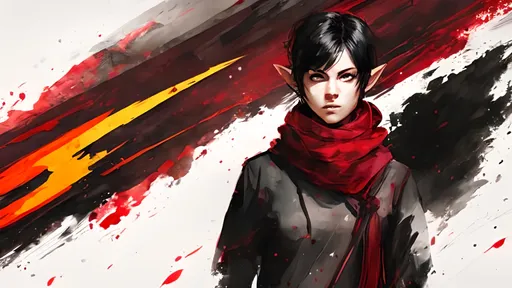 Prompt: A short female elf with short black hair wearing baggy black clothes with a long maroon scarf. She is wielding a Glowing crimson katana and is surrounded by a thick misty fog with floating vibrant crimson lights piercing through. Vector style, Color Enhance