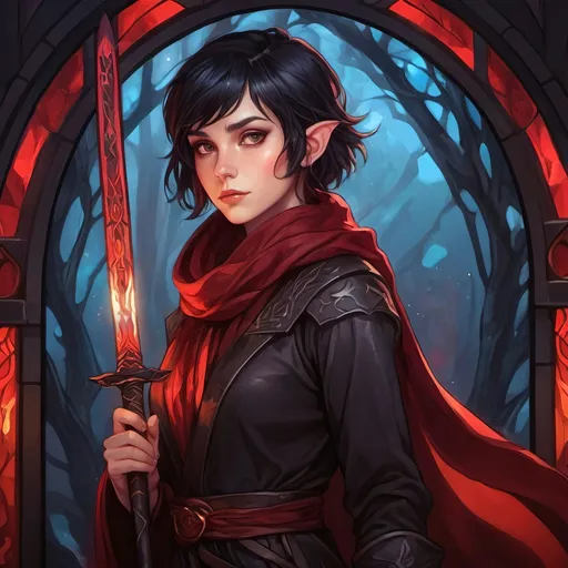 Prompt: A short female elf with messy thick short black hair wearing baggy black clothes with a long maroon scarf. She is drawing a Glowing crimson katana and is surrounded by a thick misty fog with floating vibrant crimson lights piercing through. Vector style, deep colors, rtx enabled