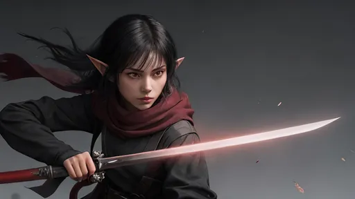 Prompt: A short female elf with short black hair wearing baggy black clothes with a long maroon scarf. She is wielding a Glowing crimson katana and is surrounded by misty grey floating energy. Vector style, Color Enhance