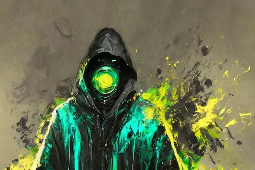 Prompt: An abnormally tall and lanky male humanoid hunched forward wearing baggy black clothes. his face is covered with a metal mask with beady glowing Green eyes under a black hood. He stands on a Rock amidst a series of islands floating in the air surrounded by an ethereal black and teal mist. behance HD