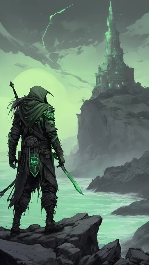 Prompt: A cryptic and majestic corpse reanimated with glowing Green arcane runes and channels running across their decayed skin. He is wearing baggy black clothes and a green bandanna. He is standing on a stone outcrop overlooking a vast sea with a ruined castle in the distance. High contrast, color enhance