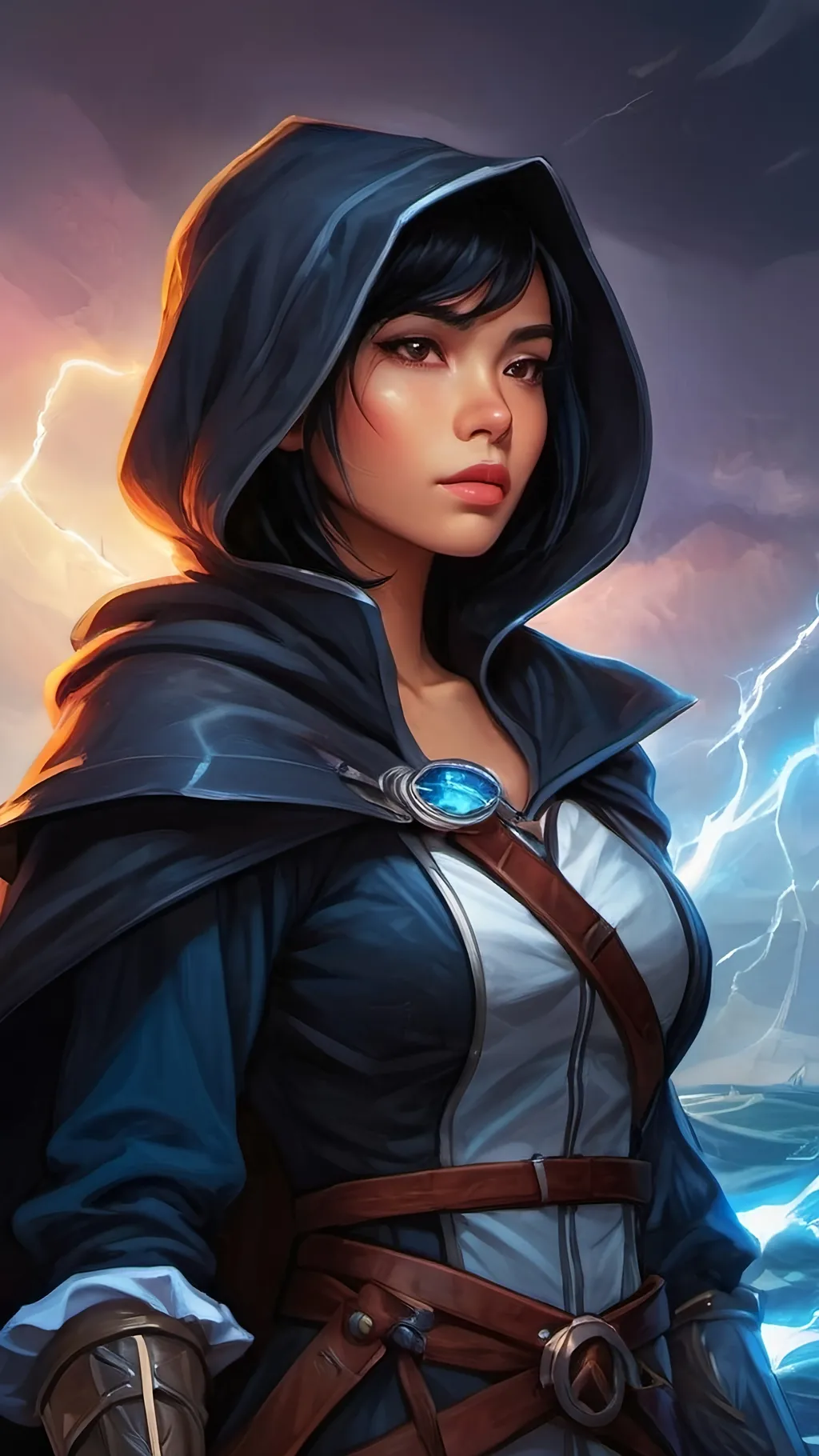 Prompt: A young Filipino storm sorceress with short black hair wearing a black cloak that billows in the wind with an oversized hood and baggy pirate clothes. She wields a mystical glowing blue katana wreathed in floating lightning and liquid white energy. she stands proudly on the mast of a medieval sailing ship. dungeons and dragons style ,high contrast, color enhance