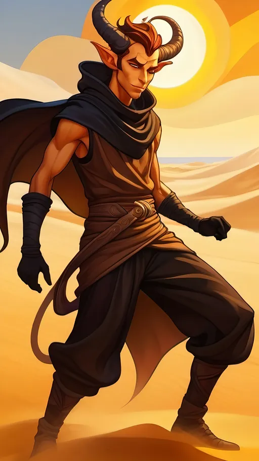 Prompt: A beige lanky male Tiefling with a sturdy build wearing black baggy clothes and a cowl in a low dancing stance magically kicking up a sandstorm with vibrant golden light shining through the sand. Vector Style, Color enhance, high contrast, Fantasy Style