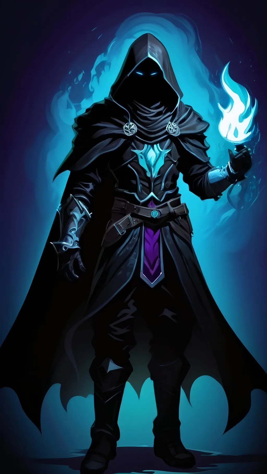 Prompt: A former drow slave turned shadow sorcerer. The young boy has obsidian black skin and marble white hair. He wears a tattered black cloak, leather armor and a hood to cover his face. His power manifests as liquid purple and cyan flames that hover around him. The shadows around him shift and change showing anger despite his emotionless face. Vector Style, Color Enhance, High contrast