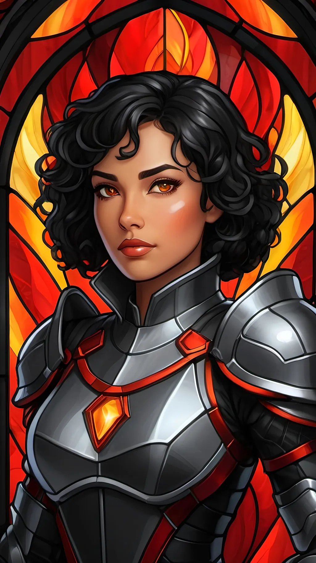 Prompt: A short young female agent wearing nanotech armor. She has Hispanic features and curly black hair. She has a quiet but malicious personality hidden behind a kind face. Liquid red fire floats in the air around her. Greyscale, Fantasy style, Vector Style, color enhance