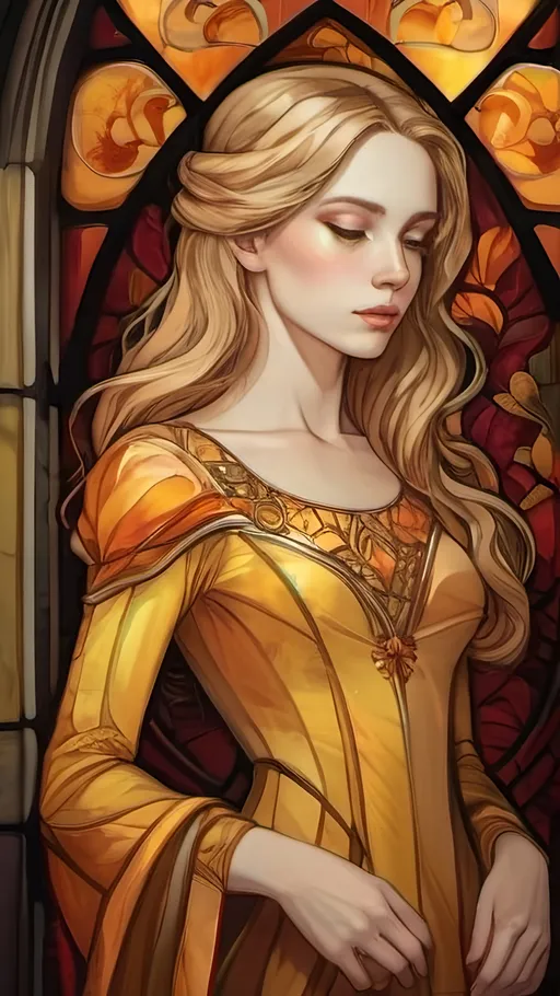 Prompt: An elegant young female seer with angular features, wearing a long sleeved golden dress. She has pale skin and Long golden hair. Her face has a hidden sadness behind her tired eyes. Fantasy style, Vector Style, color enhance