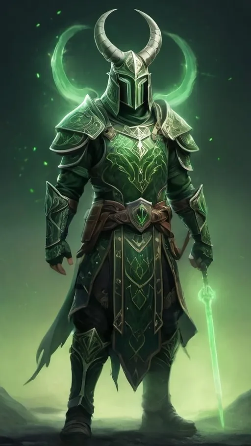 Prompt: A tall male druid paladin wearing intricate green runic armor with an ambient glowing mist. He has a full face helmet with long organic horns. color enhance, high contrast, fantasy style