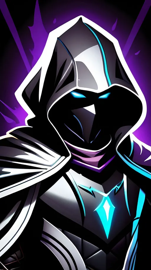 Prompt: A former drow slave turned shadow sorcerer. The young boy has obsidian black skin and marble white hair. He wears a tattered black cloak, leather armor and a hood to cover his face. His power manifests as liquid purple and cyan flames that hover around him. The shadows around him shift and change showing anger despite his emotionless face. Vector Style, Color Enhance, High contrast