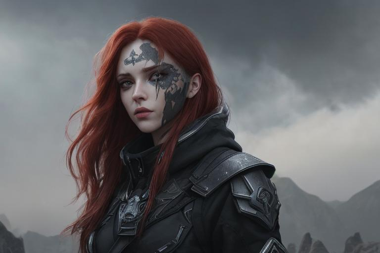 Prompt: a Caucasian woman with wild long red hair in baggy black clothes. Her face is covered in warframe-metallic-silver-tattoos surrounding one eye. The sky is dark and filled with ash and smoke. Behance hd,