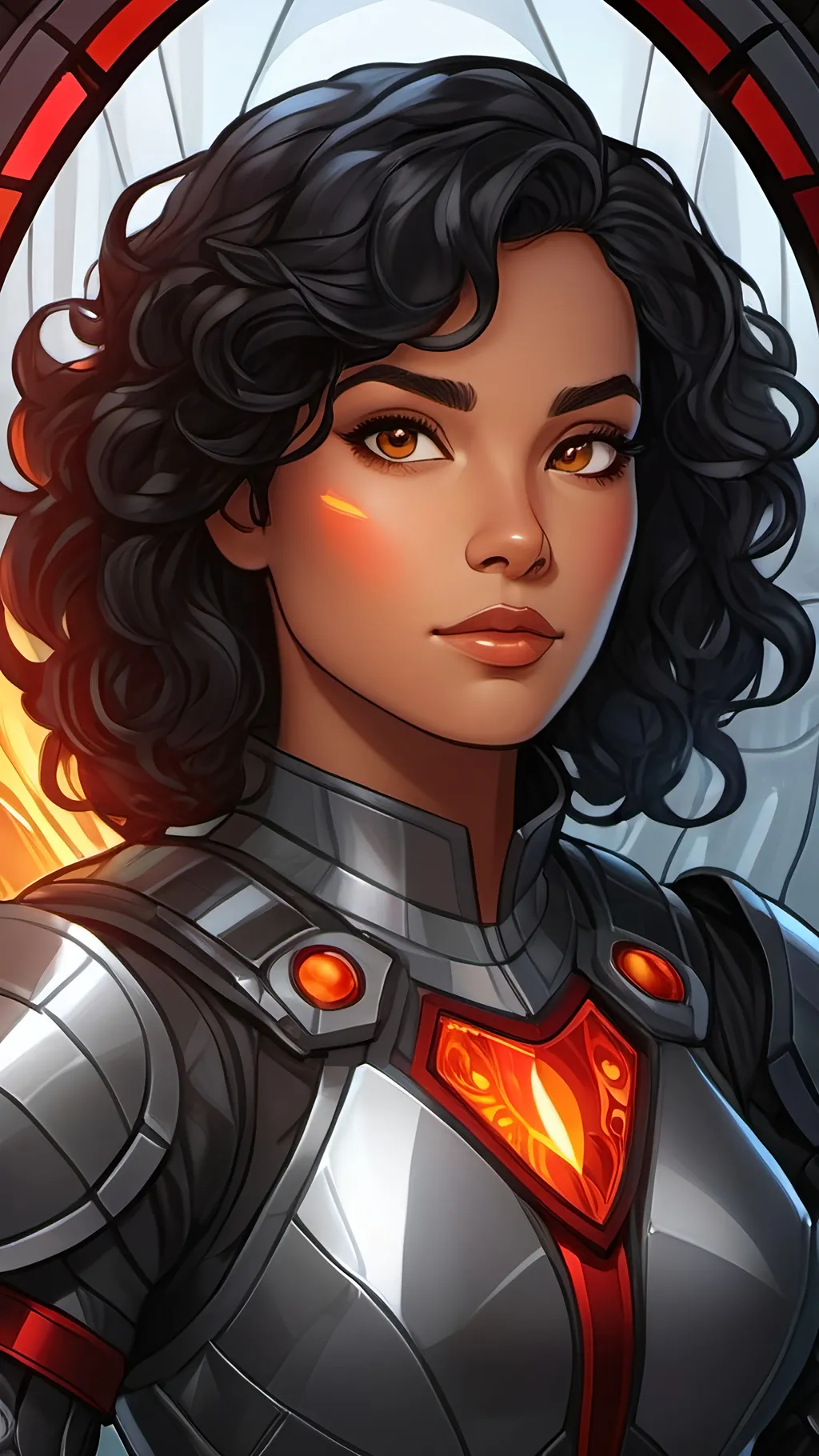 Prompt: A short young female agent wearing nanotech armor. She has Hispanic features and curly black hair. She has a quiet but malicious personality hidden behind a kind face. Liquid red fire floats in the air around her. Greyscale, Fantasy style, Vector Style, color enhance