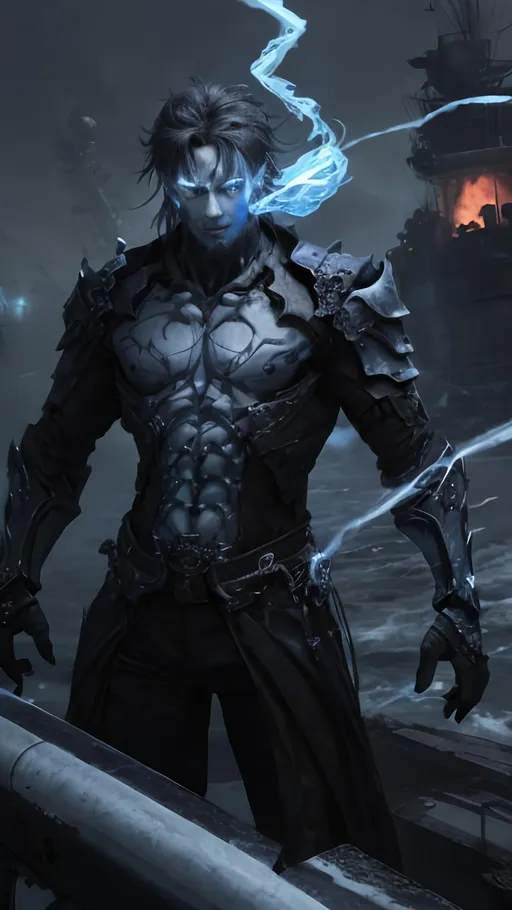 Prompt: A clump of swirling blue biomass and grey bone tendrils in a generally male humanoid shape, transforming, shifting and churning into a normal male human. He is radiating thick black smoke with red light shining out of the cracks. He is standing at the stern of a ship on the open sea.