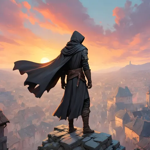 Prompt: A dramatic, high contrast scenic view of a medieval city with a lone assassin in a black cloak standing on the peak of a roof looking down on a mass of roaming citizens. Sunset, color enhance, assassins creed