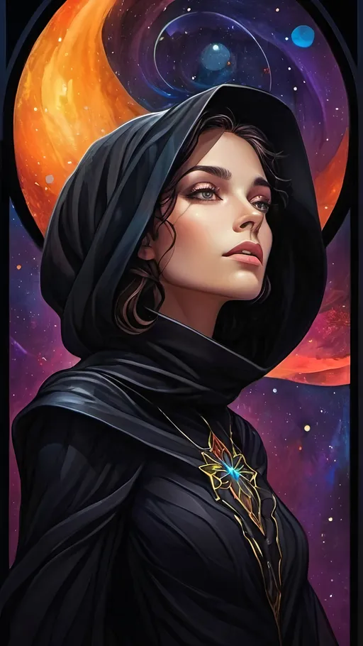 Prompt: A futuristic lanky elegant female seer Floating aimlessly in the dark depths of space. She is wearing an intricate organic baggy black dress with a black cowl. There are plentiful stars and galaxies in the blackened night. Color enhance, High contrast, vector style, enhance reflections