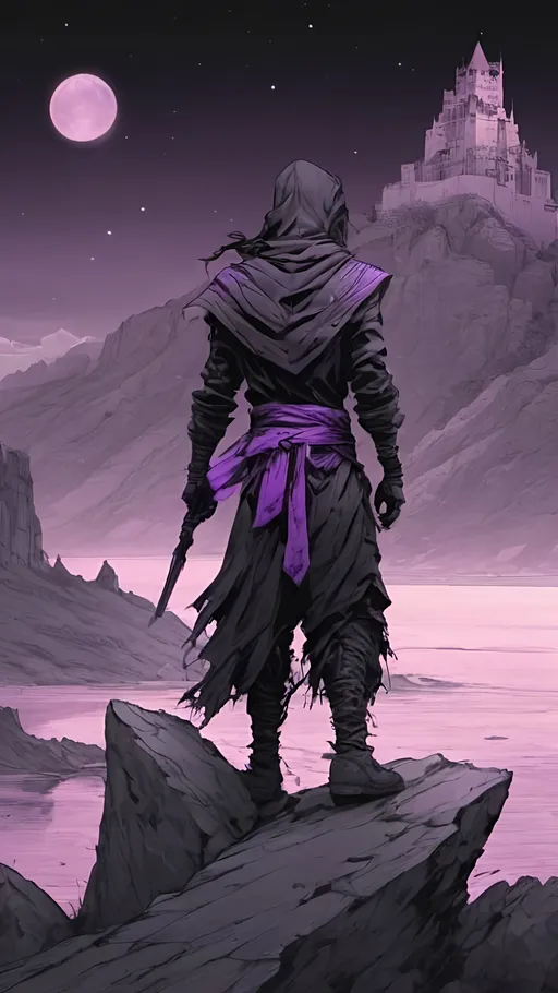 Prompt: A cryptic and majestic corpse reanimated with glowing Purple arcane runes and channels running across their decayed skin. He is wearing baggy black clothes and a Purple bandanna. He is standing on a stone outcrop overlooking a vast sea with a ruined castle in the distance. High contrast, color enhance